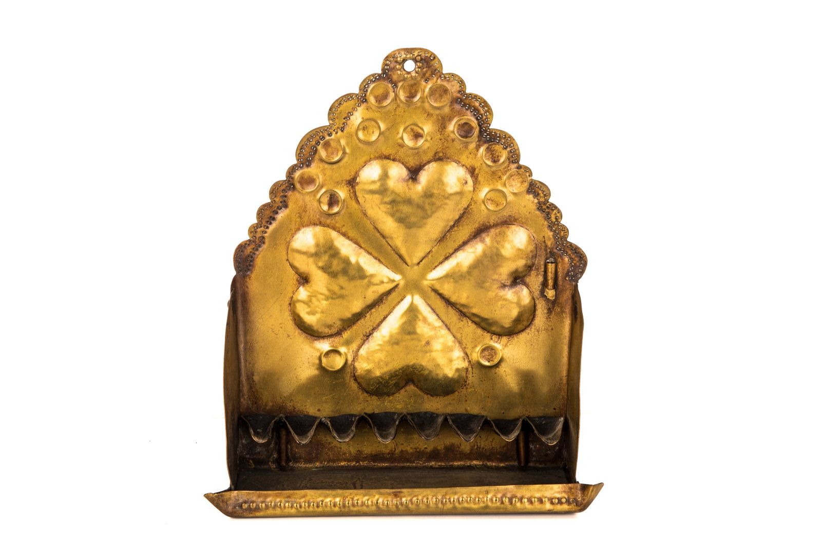 19th C DUTCH SHEET BRASS HANUKAH LAMP: Heart shapes and scalloped top. H 12in (31cm) x L 9 1/2in (24cm)