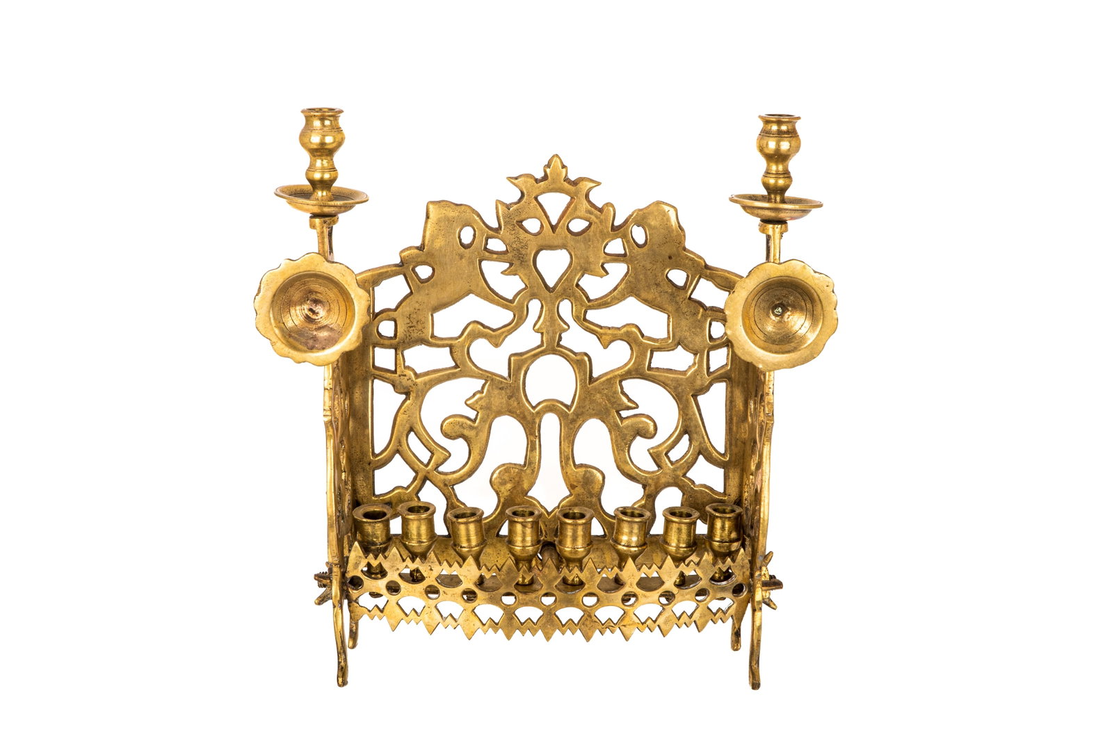 ANTIQUE BRASS HANUKKAH MENORAH: 18th / 19th C Probably Polish in brass. H. 30in x W. 11 1/2in x D. 4 3/4in (30cm x 29cm x 12cm)