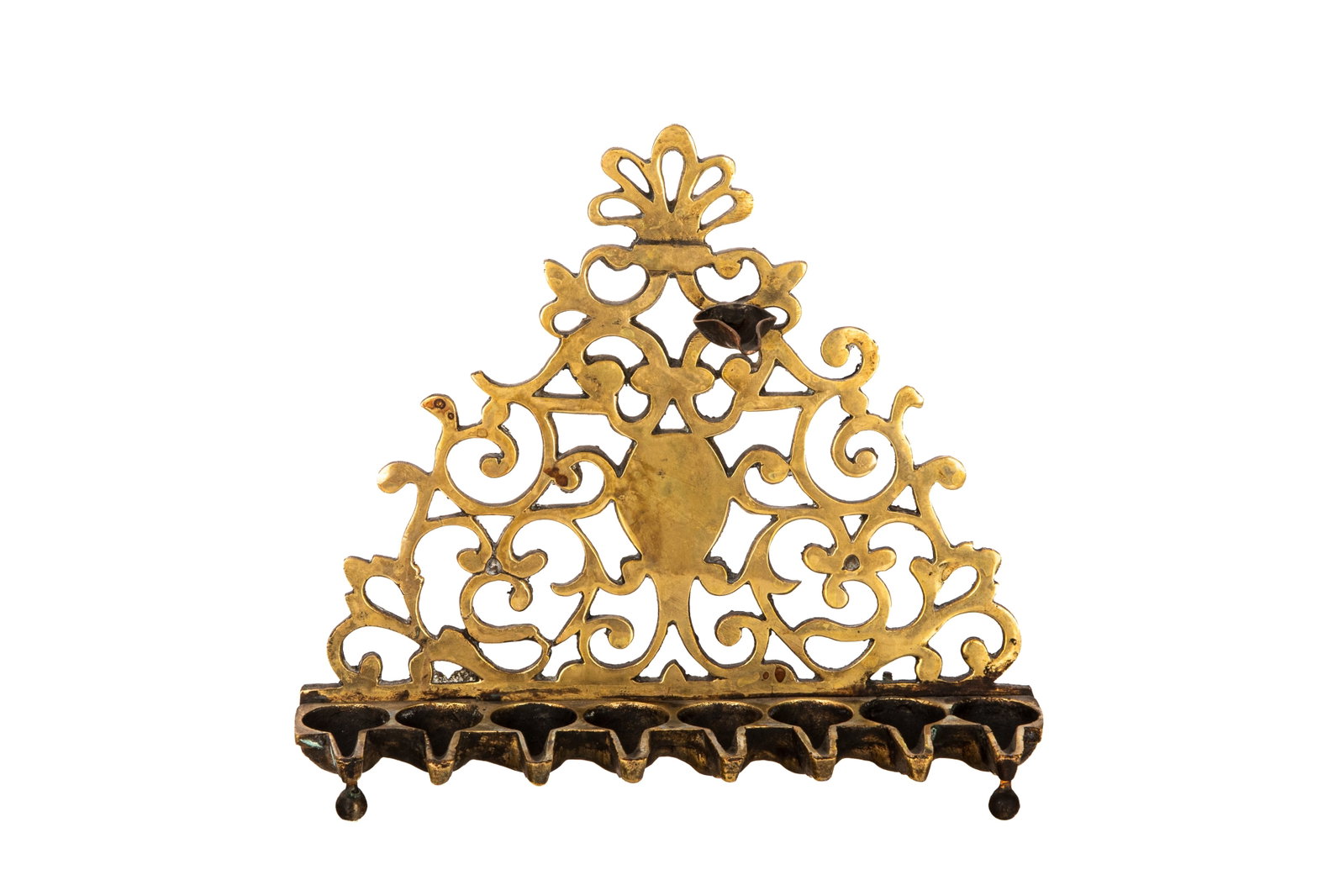 ANTIQUE BRONZE HANUKKAH HANGING OIL LAMP: Identified as Italian or Dutch, probably 18th C. H 8in (20cm) x L 8 3/4in (22.5cm)