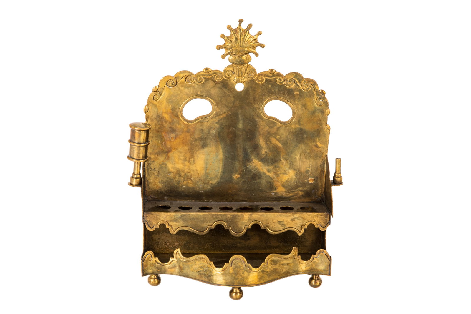 18th / 19th C GERMAN BRASS HANUKKAH LAMP: Hand formed and chased brass with scalloped apron and crown finial, raised on ball feet. H 27.5cm (11in)
