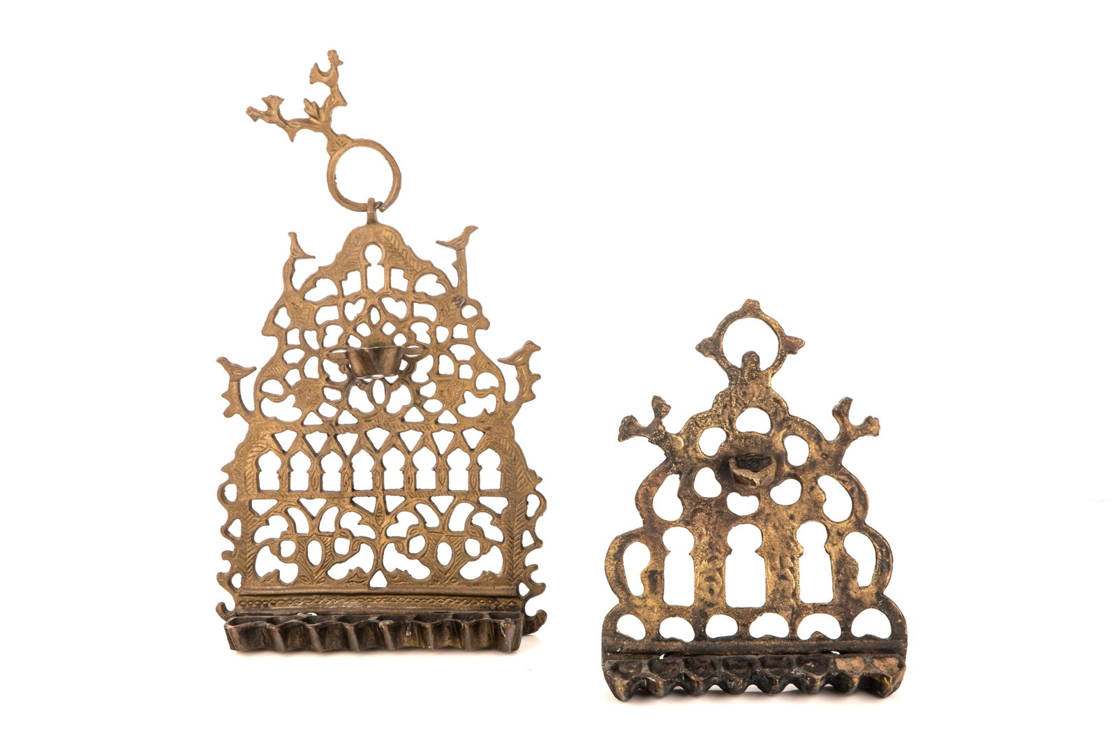 TWO ANTIQUE BRONZE HANUKKAH LAMPS: H 9 3/4 (24.5cm) x L 7 (18cm)