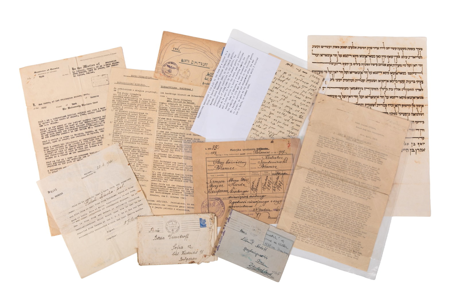 ASSORTED EARLY 20TH C & HOLOCAUST PAPERWORK: Including letter, correspondance about health, bringing family to Canada. A typed letter from April 24th, 1945 from a Naval Officer describing the conditions of theGerman Concentration Camp Belsen. A