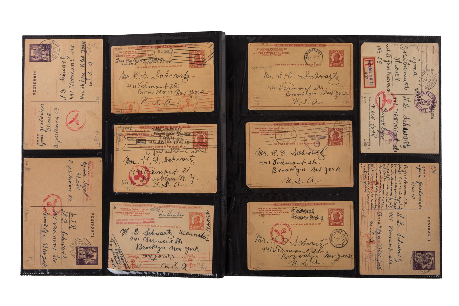 PAGES OF WWII GHETTO POSTCARDS: Twenty six postcards mostly written to H.D. Schwartz of 441 Vermont St in Brooklyn New York, the text in Yiddish and Hebrew. Sent from Poland. The address and furthercorrespondence is known and held