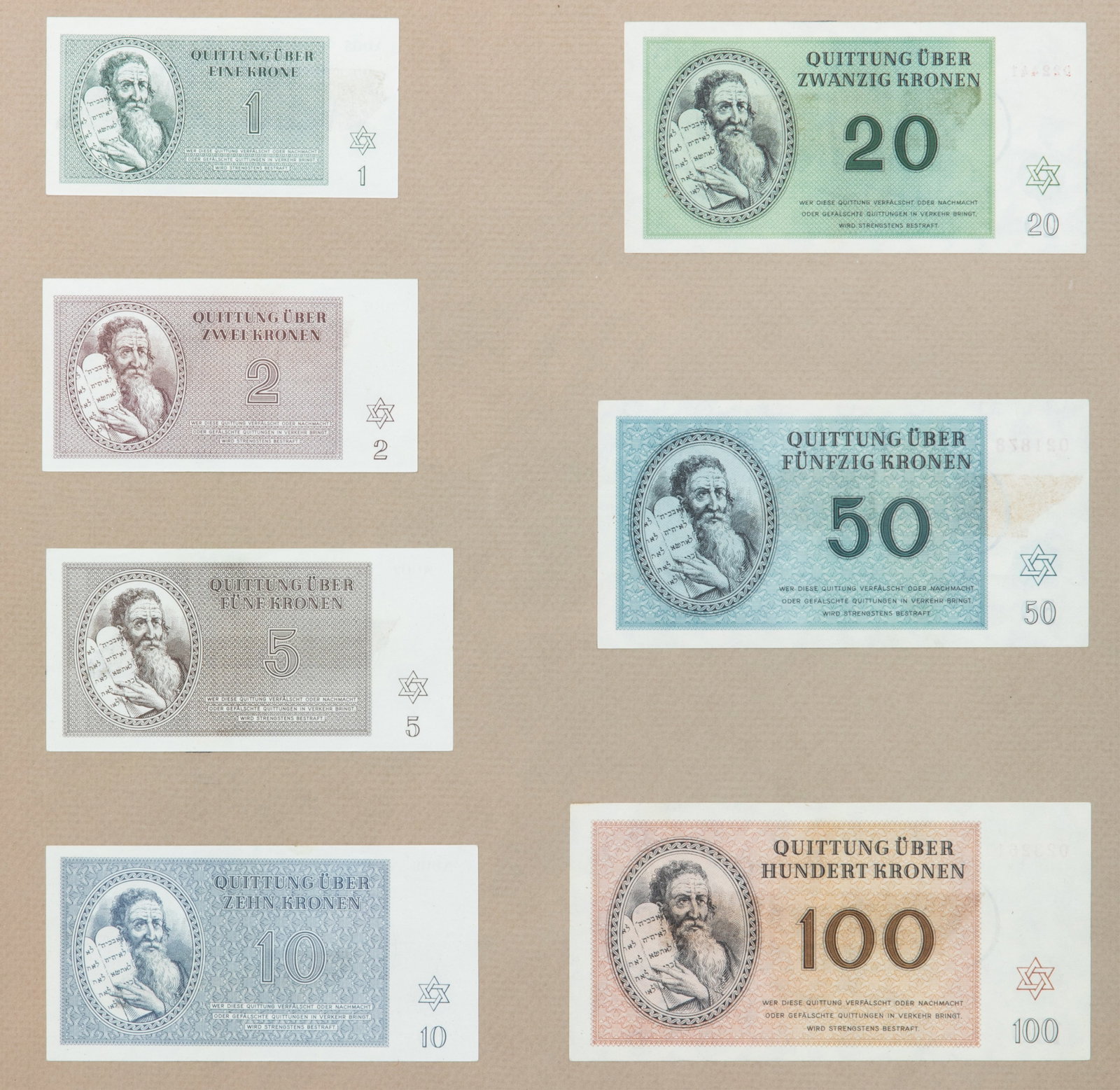THERESIENSTADT CONCENTRATION CAMP CURRENCY: Framed set of seven Quittung Uber Kronen paper currency banknotes used during WWII for Jews prisoners to exchange their Reichmarks. Frame Size 15 1/2 x 15 1/2in