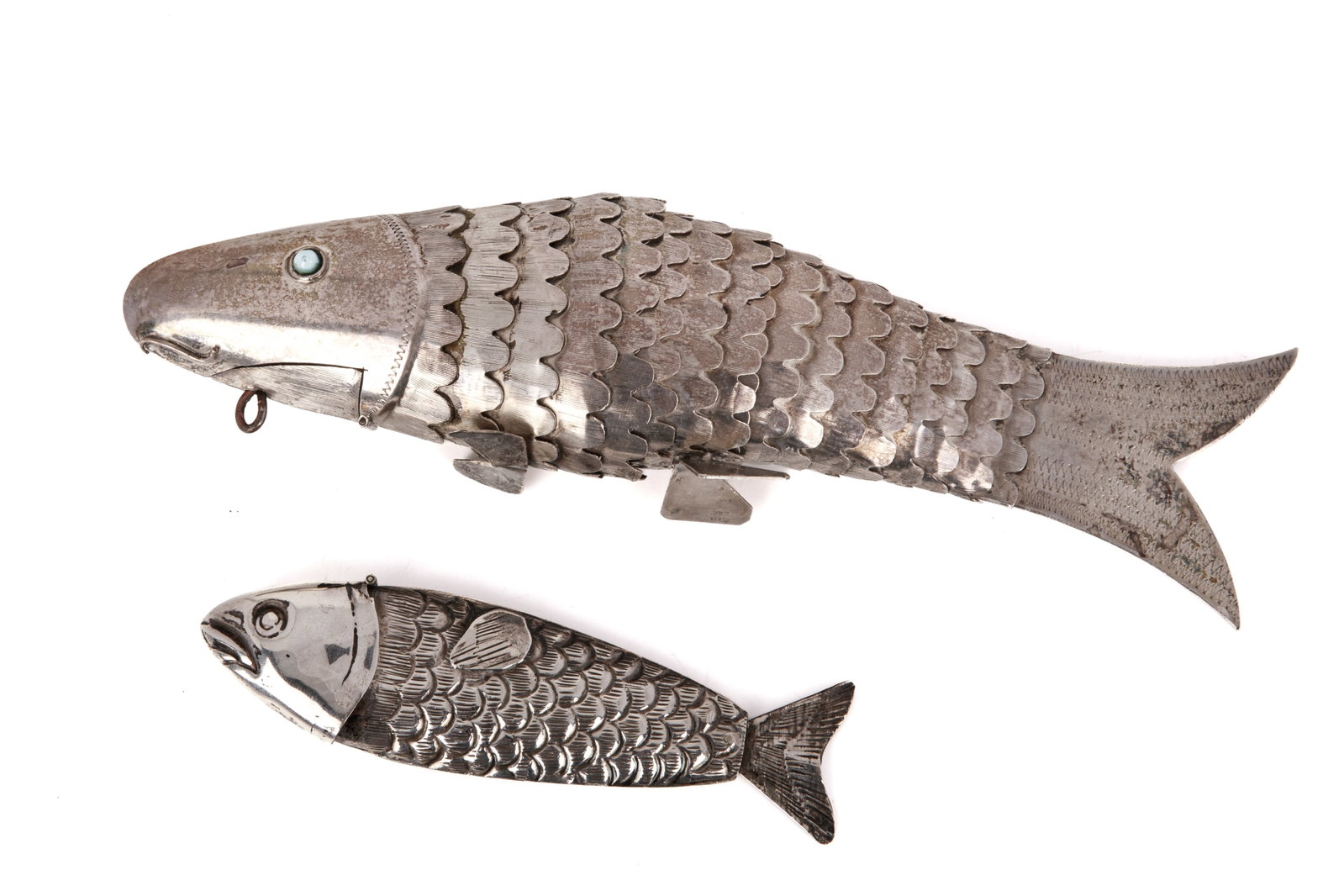 TWO SILVER FISH SHAPED SPICE CONTAINERS - 2