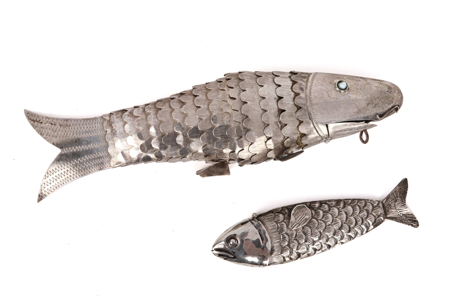 TWO SILVER FISH SHAPED SPICE CONTAINERS - 5