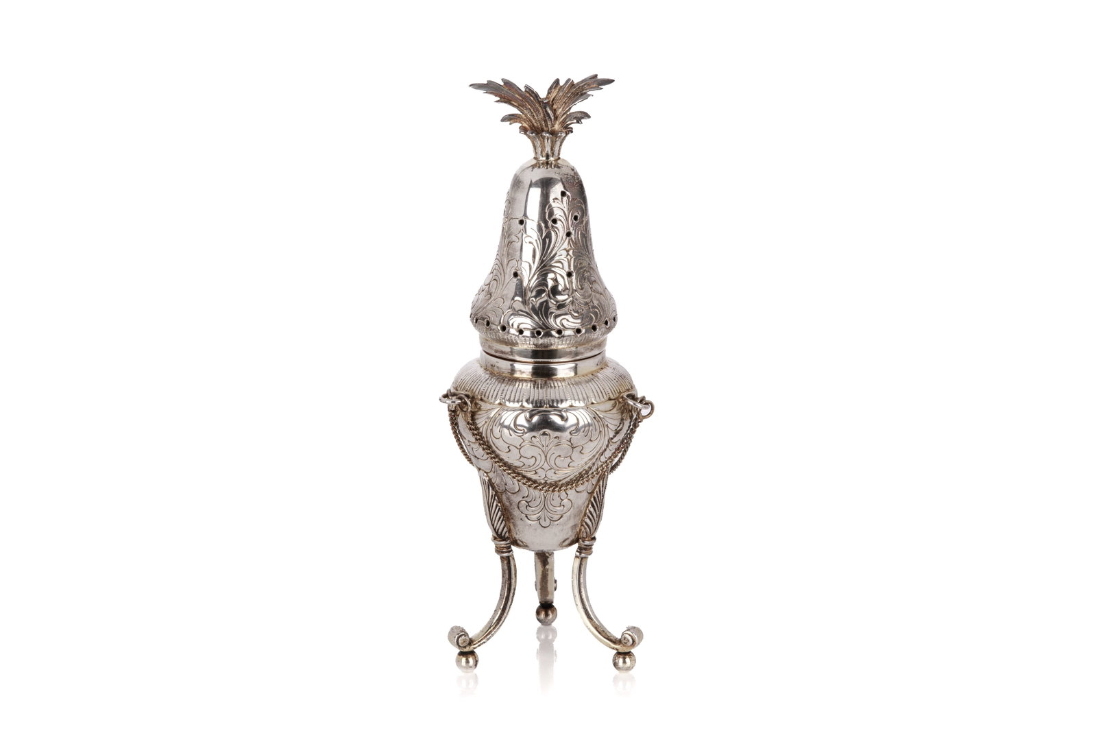 CONTINENTAL SILVER HAVDALAH SPICE TOWER, 323g: French influence with scrolling body raised on Empire style legs, attached chain. .800 silver, marks to base. H 24 1/2cm (9 3/4in)323g