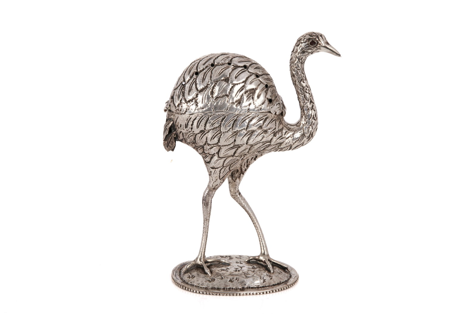 19th C DUTCH SILVER OSTRICH SPICE CONTAINER, 84g: Figural bird with gemstone eye, circa 1900. H 5in (13cm)