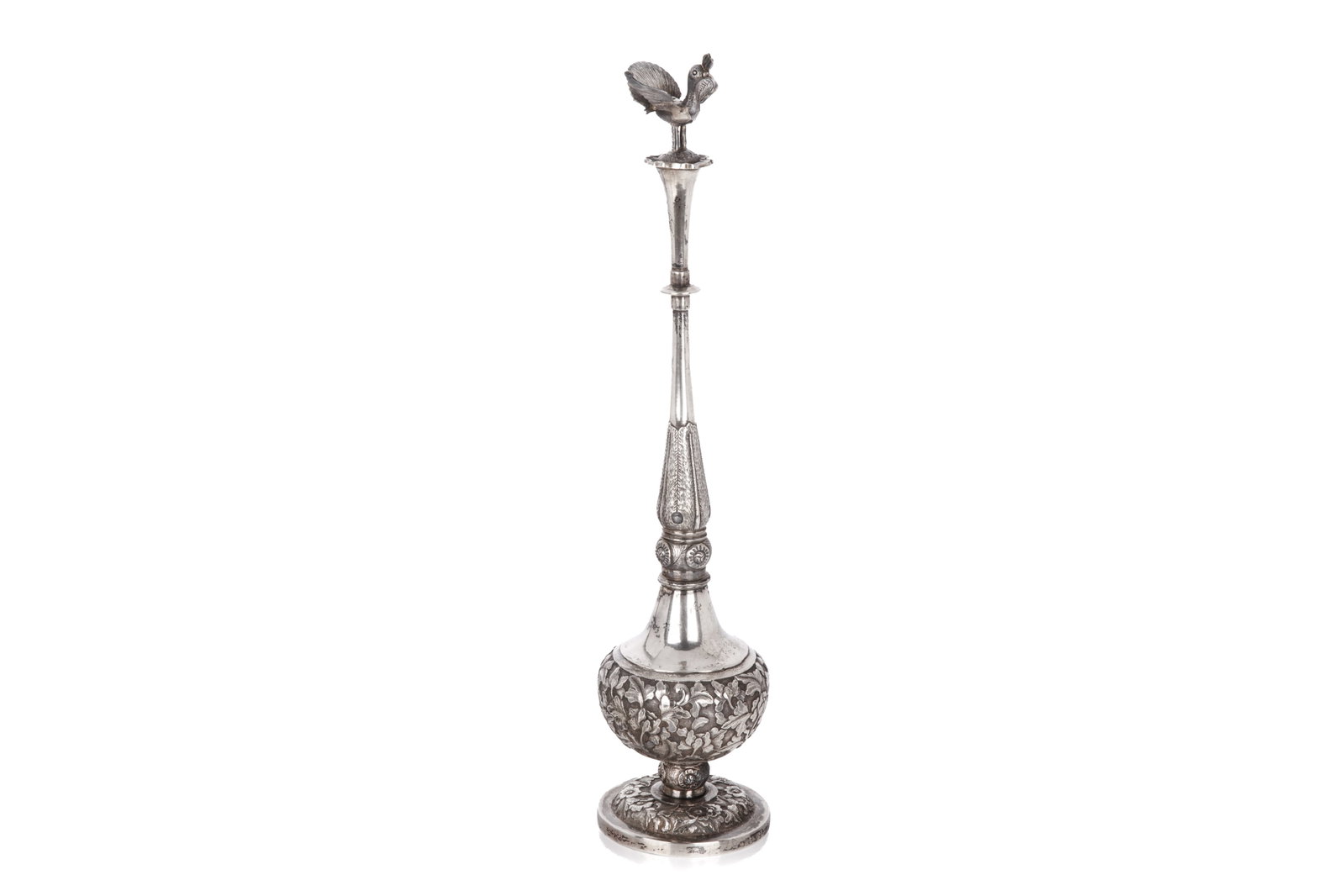 CHINESE EXPORT SILVER ROSEWATER DROPPER: With bird finial, Chinese export, maker MK, 19th C. H 1/2in (34cm) Weight 295g