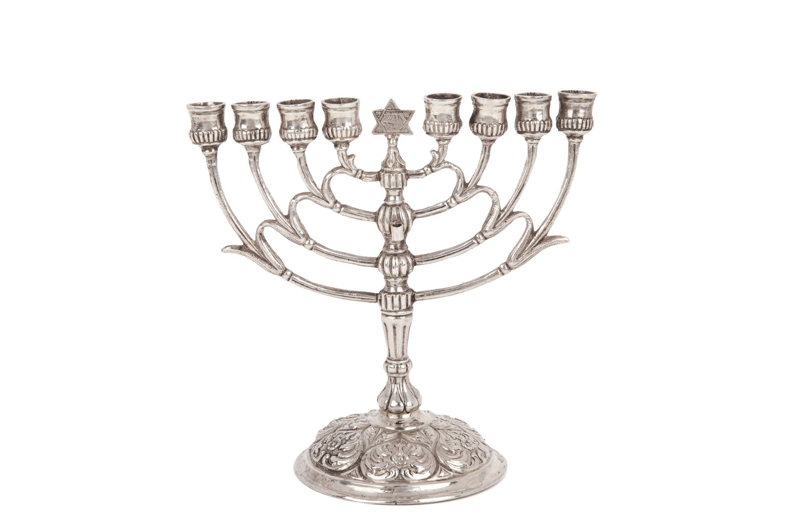 SMALL EUROPEAN SILVER MENORAH, 189g: Traditional eight light candelabra, missing shamash. Remnants of a hallmark. H 14cm (5 1/2in) 189g