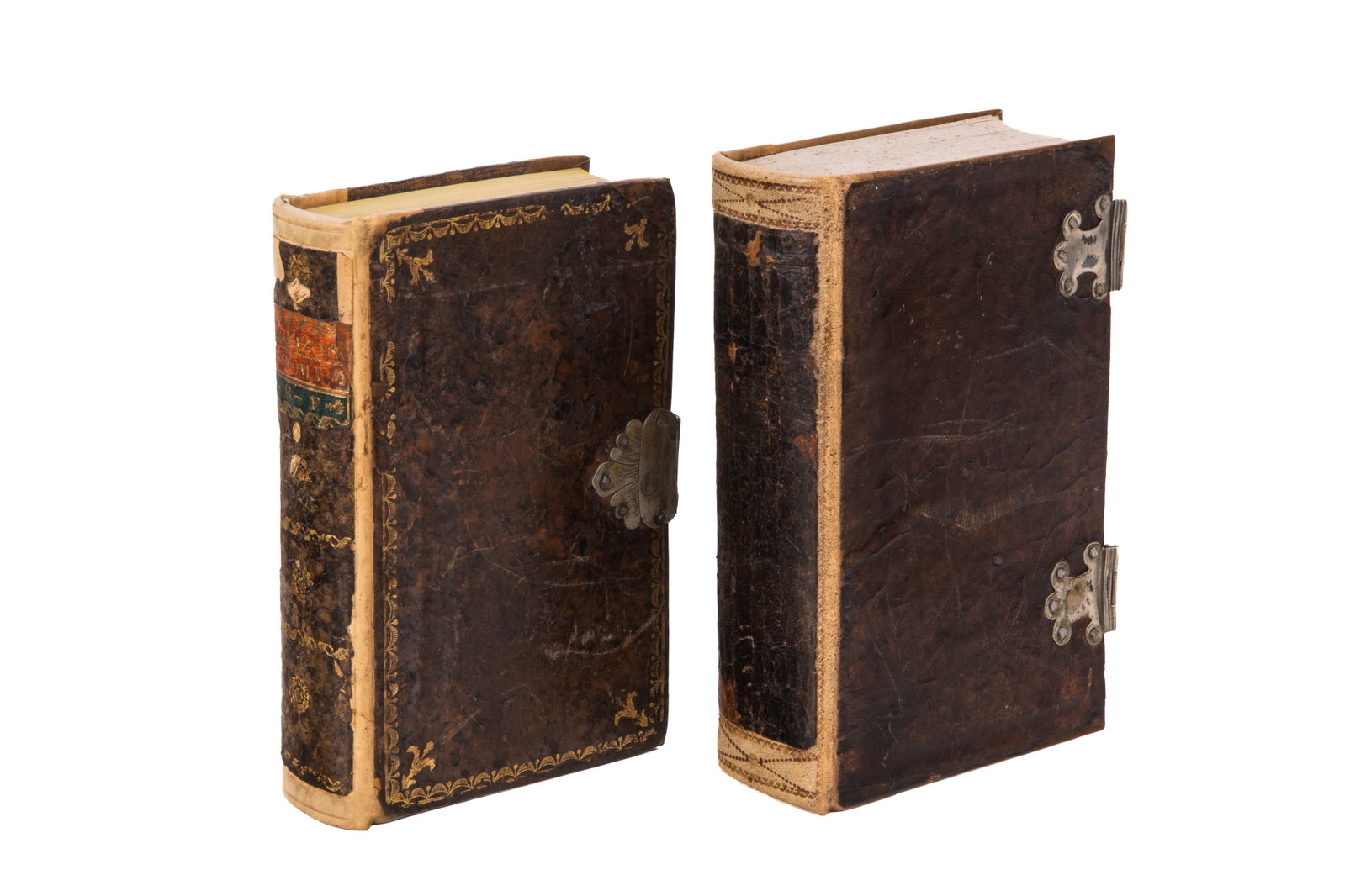 TWO 19th C AUSTRIAN MACHZOR PRAYER BOOKS: One with a marriage dedication from April 1840, both published in Vienna 1823. Leather binding with metal clasp closures. H 19.5cm (7 3/4in) x L 13cm (5in)