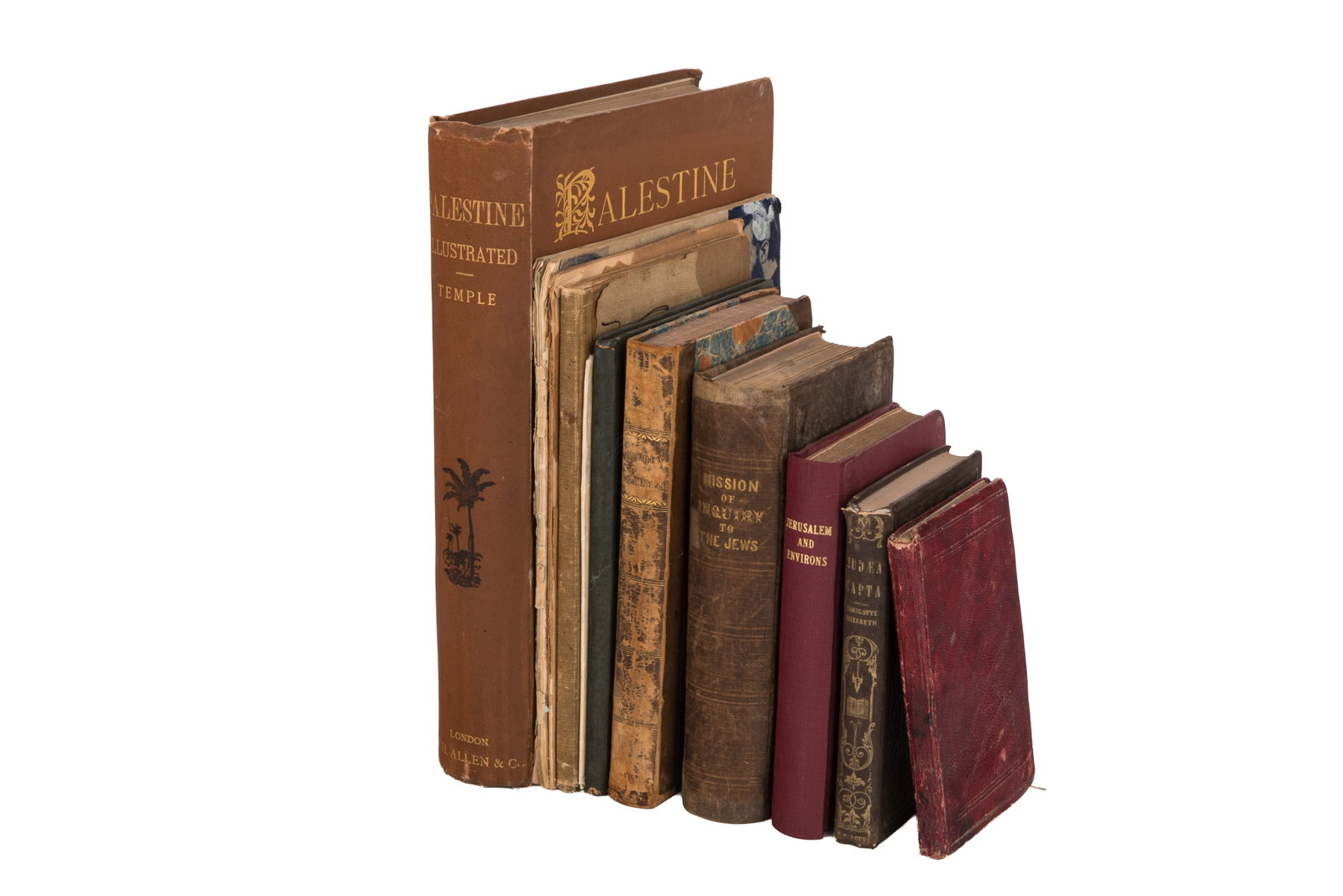 ASSROTED JEWISH CONTENT BOOKS: Palestine Illustred by Sir Richard Temple; The American Colony Guide Book to Jerusalem, 1925; Judaea Capta by Charlotte Elizabeth 1848; Die Stellung Der Frau Im Talmud W.Leiter; The New Art of An