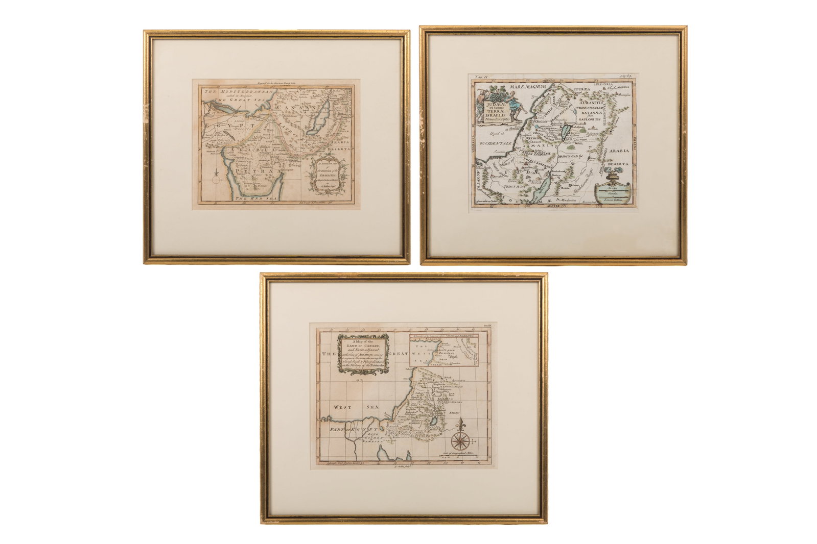 THREE ANTIQUE FRAMED MAPS OF THE HOLY LAND: Judaeae et totius Terrae Israelis by Bernardo Lamy, Venice, 18th C. A Map of the Land of Canaan by George Rollos, 18th C.The Mediterranean The Great Sea by George Rollos, 18th C. All in modern frames 
