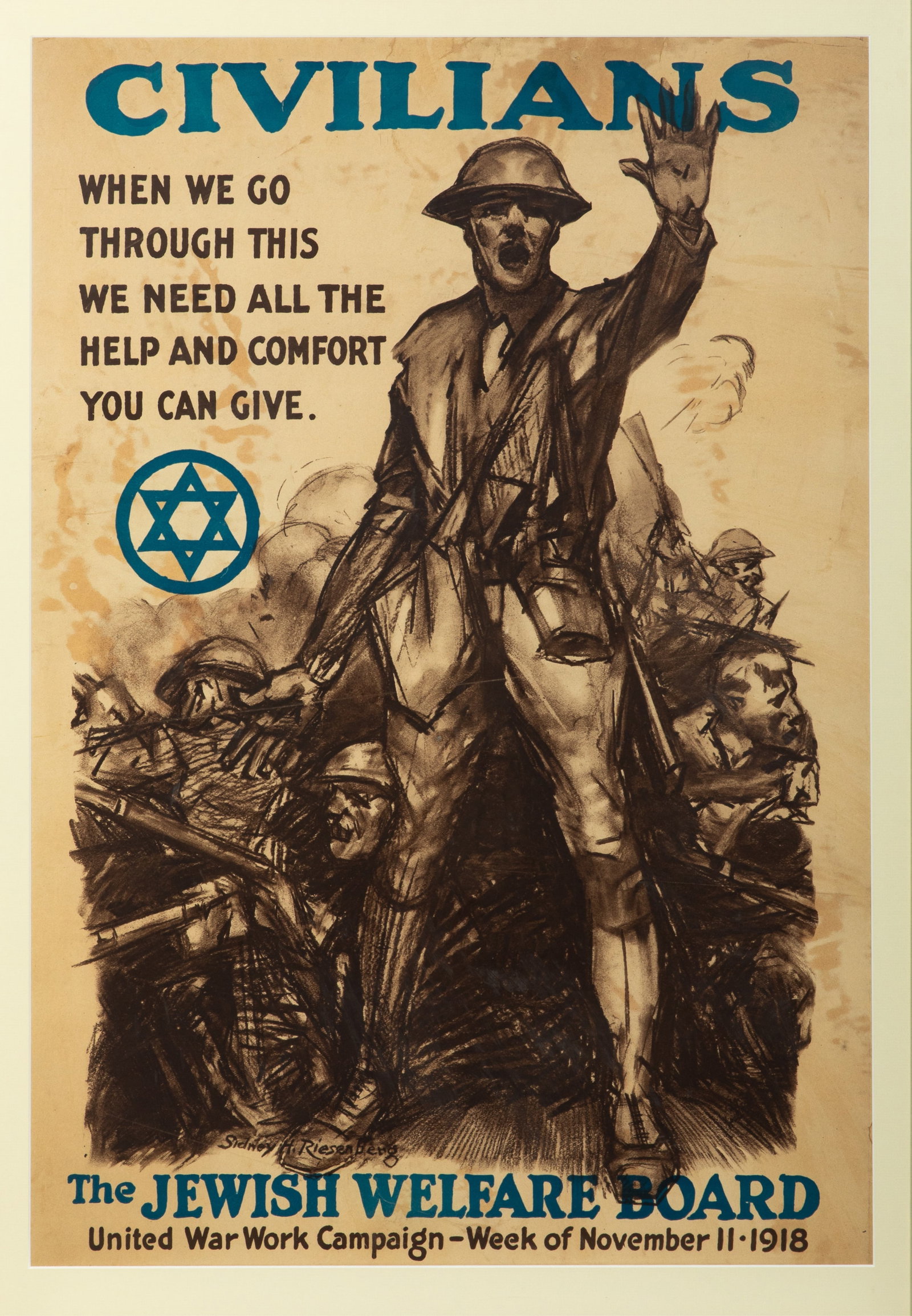 JEWISH WELFARE BOARD POSTER, NEW YORK, 1918: World War I poster for the National Jewish Welfare Board, created by American illustrator Sidney H. Riesenberg (1885-1971). Printed by Alco-Gravure (New York CIty).Framed measurements: H. 36 1/4" x