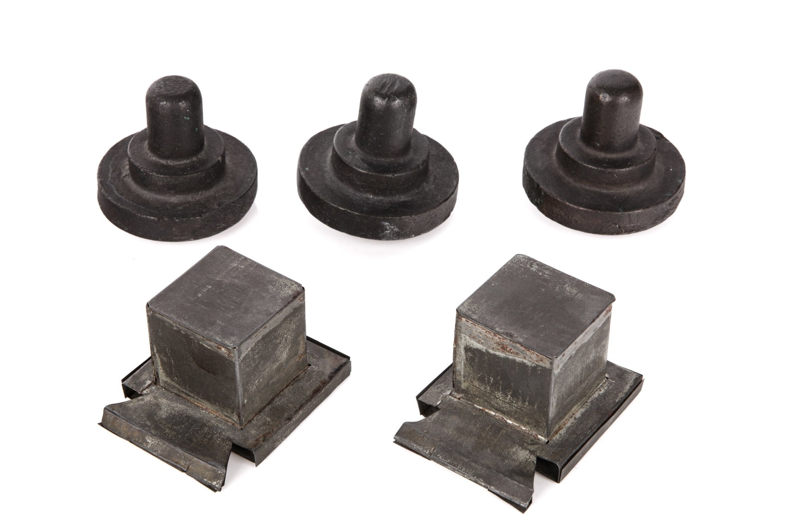 SET OF EARLY TINE METAL TEFILLIN BOXES: A similar pair are identified in the Smithsonian museum ID CL.329452, Swiss made. Together with three bronze weights possibly for making or to study parchment vellum.
