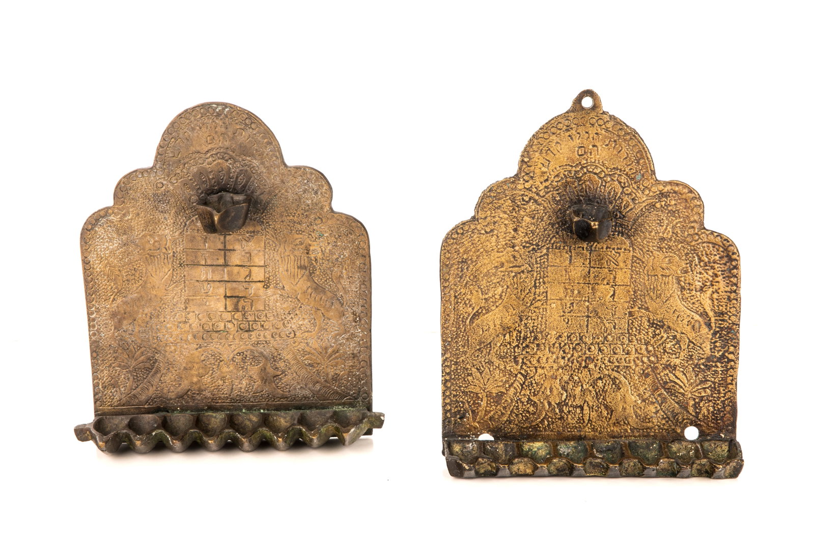 TWO ANTIQUE BRONZE HANUKKAH LAMPS: H 8in (20.5cm) x L 6 1/4in (16cm)