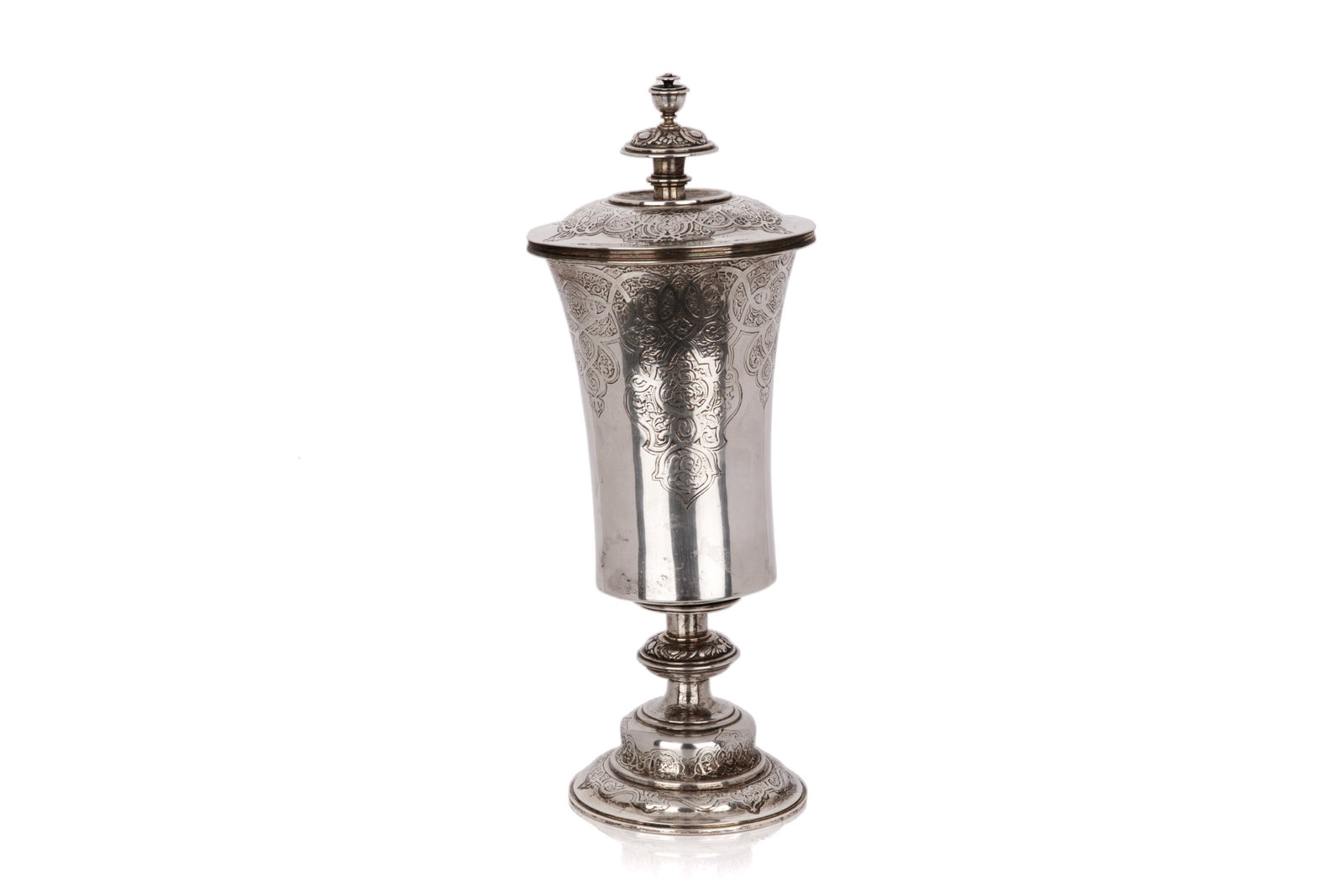 AUSTRIAN SILVER COVERED JUDAICA GOBLET, 428g: Aesthetic scrolling body and lid, marks for Vienna 1814. H 29cm (11 1/2in)428g