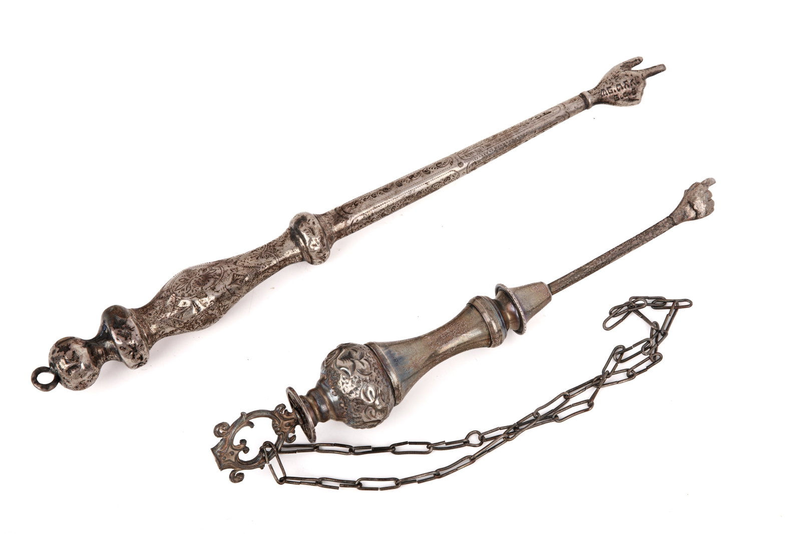 TWO ANTIQUE SILVER YAD TORAH POINTERS: L 12in (30.5cm)