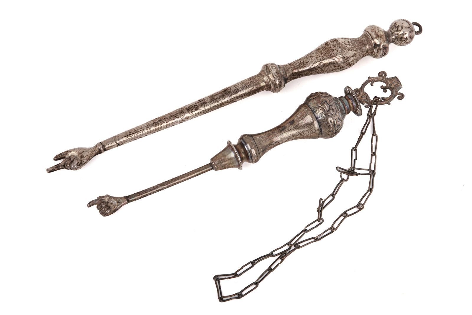 TWO ANTIQUE SILVER YAD TORAH POINTERS - 2