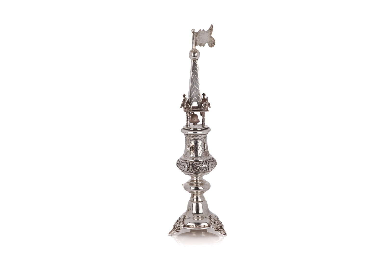 CONTINENTAL SIVLER HAVDALAH SPICE TOWER, 155g: Traditional form with bell, birds and flag finial, 20th C. H 25.5cm (10in) 155g