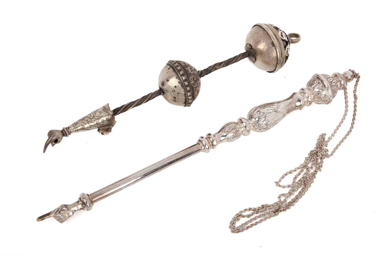 TWO SILVER YAD TORAH POINTERS: L 12in (30.5cm) Weight 236g