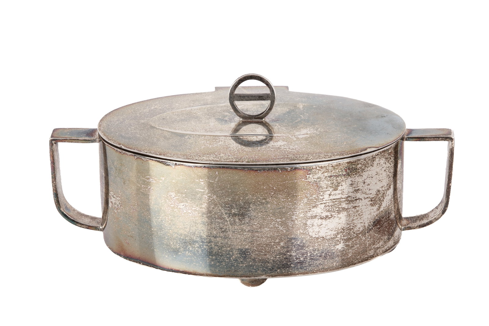 ART DECO NORTHERN EUROPEAN SILVER ETROG BOX, 451g: Oval from with geometric handles, finial and ball feet. W 18cm (7Iin)