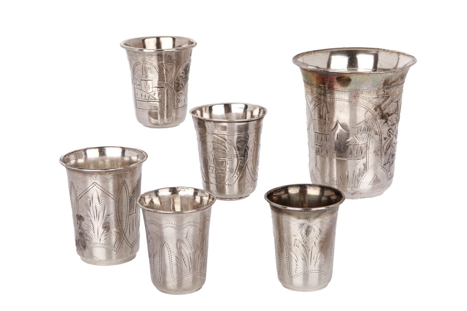 SIX 19th C RUSSIAN SILVER KIDDUSH CUPS, 149g (1 of 3)