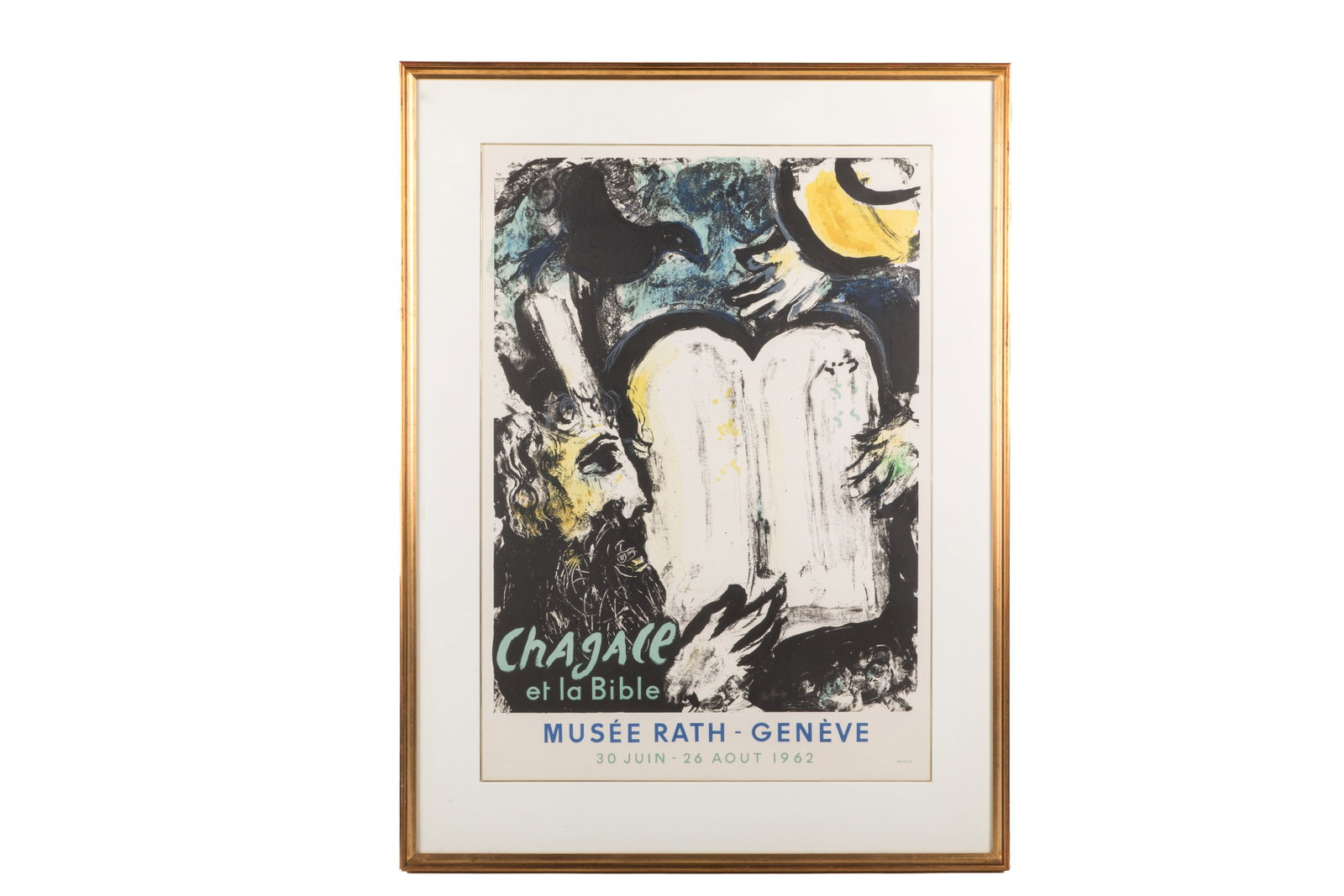 MUSEE RATH GENEVE CHAGALL ET LA BIBLE POSTER: Dated 30 June - 26 August 1962. Printed by Mourlot. Framed. Overall H 37 x W 28in