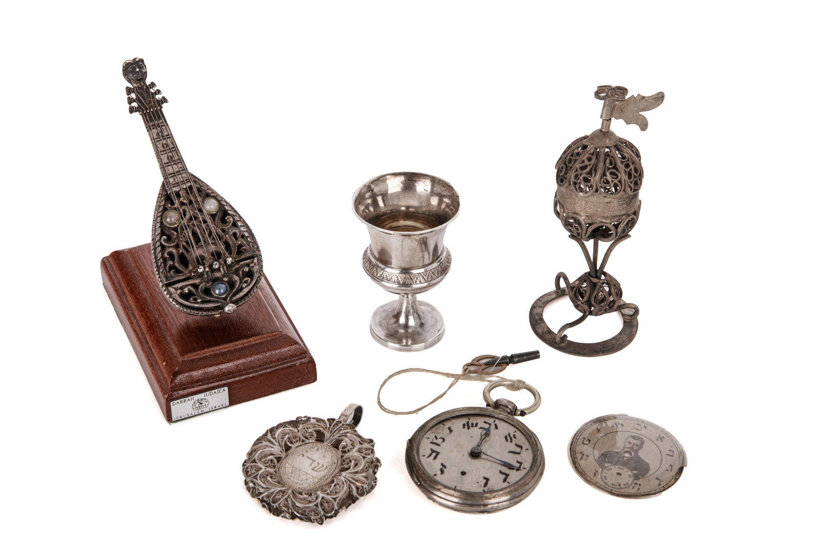 GROUP OF SMALL SILVER OBJECTS: A Hebrew letter pocket watch and loose dial with Hertzl, filigree pendant, small cup and violin shaped snuff box, spice tower. L of snuff 10cm (4in)