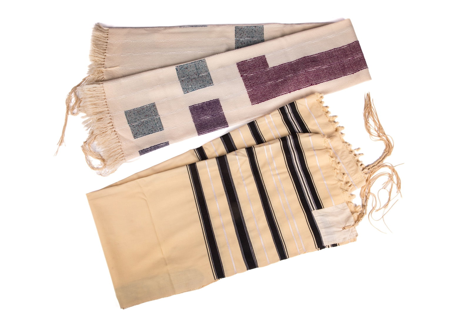 TWO TALLITS JEWISH PRAYER SHAWLS: One in traditional black stipes. The second in wool with patches of burled colours.