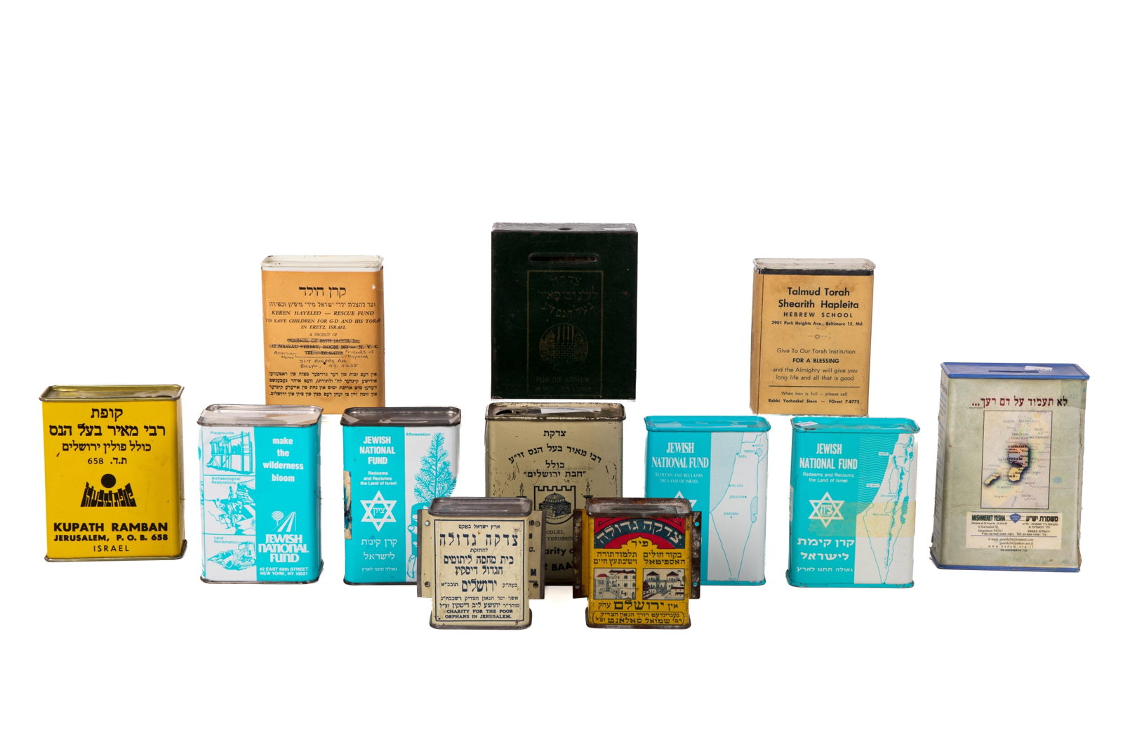 GROUP OF CHARITY TZEDAKAH BOXES: Including Fur Die Armen; Kuratorium Des Kolel, Jewish National Fund, Keren Hayeled, Talmud Torah, Great Palestine Orphan Asylum.
