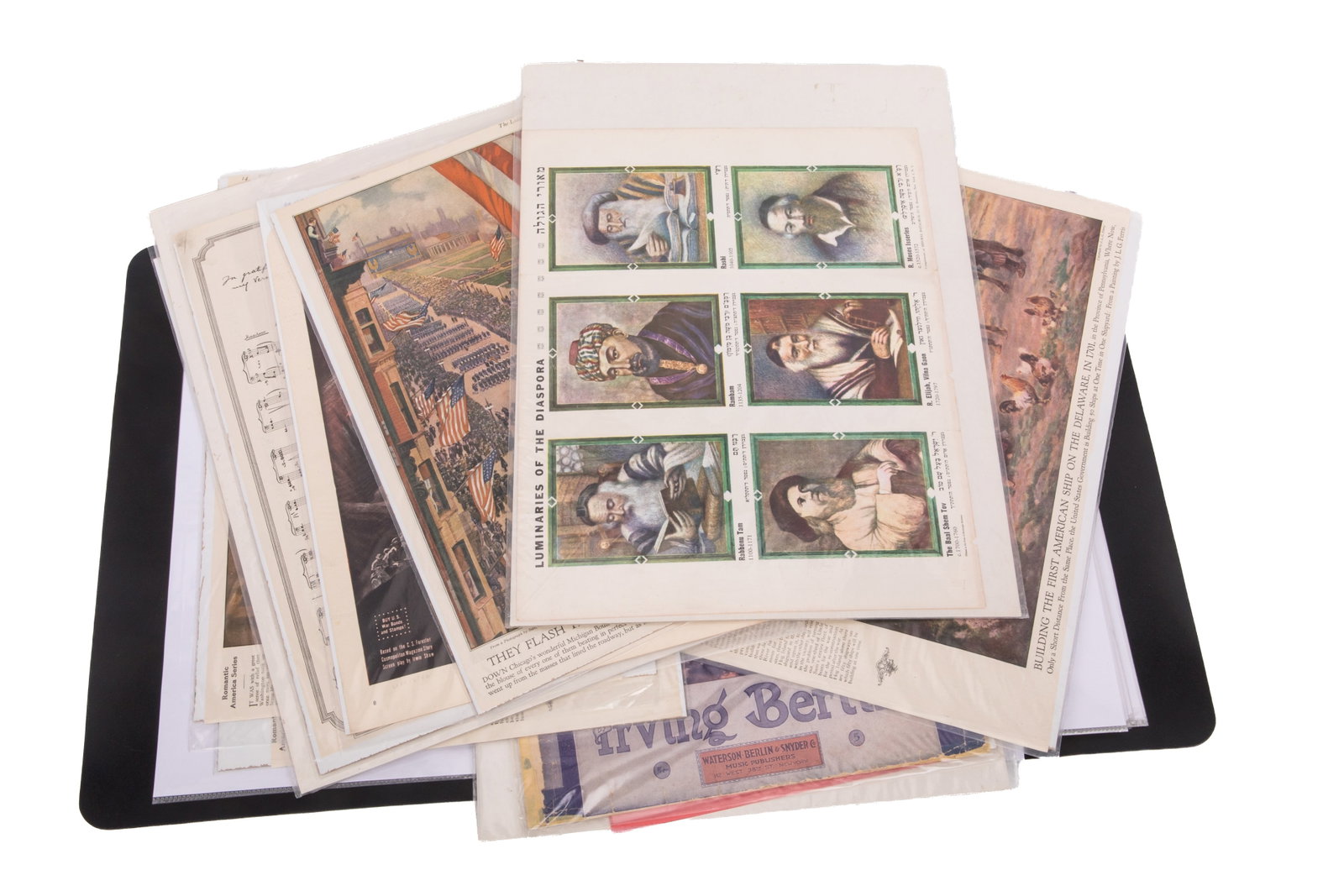 COLLECTION OF JEWISH AMERICAN PAPER MEMORABILIA: Sleeved collection of advertisements, music sheets, magazine inserts and posters with Jewish content.