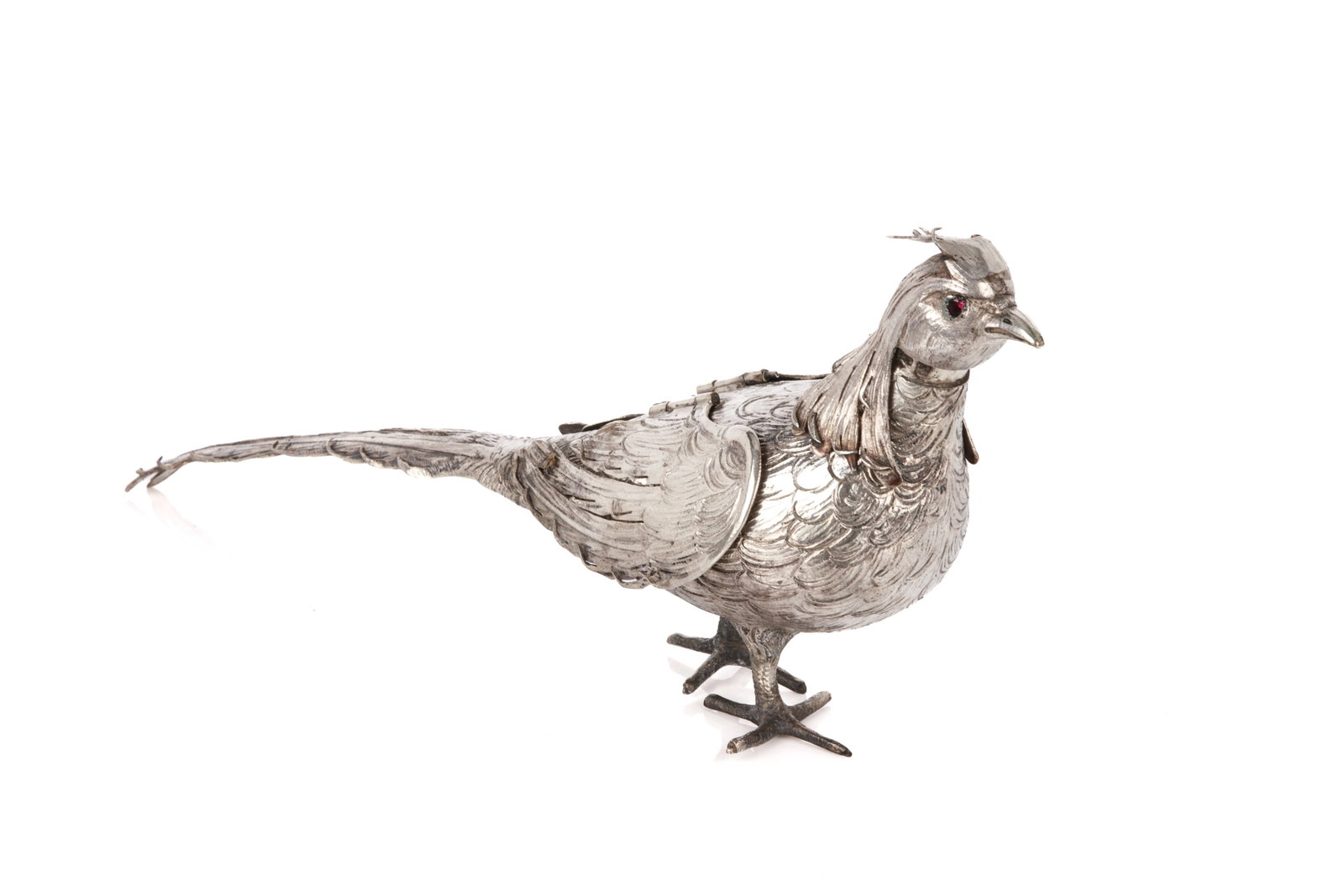 GERMAN SILVER PHEASANT BIRD TABLE CASTER: With movable wings, removable head for spices. German silver hallmarks, circa 1900. L 23cm (9in)