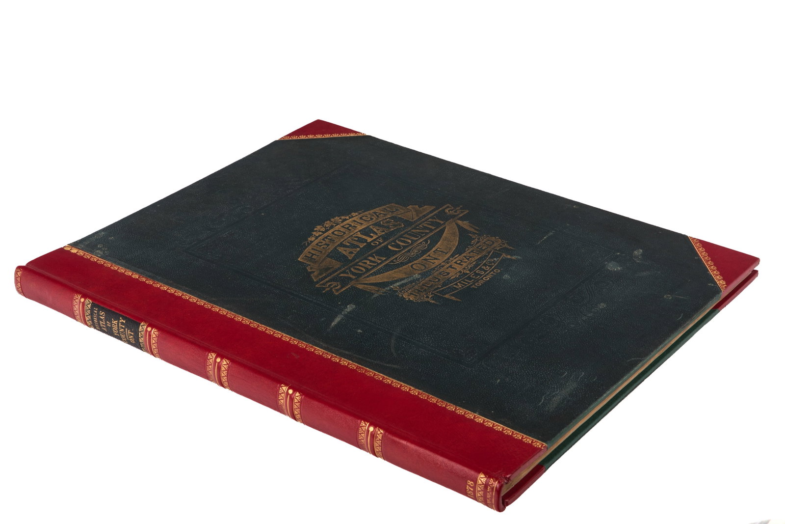 ILLUSTRATED HISTORICAL ATLAS OF THE COUNTY OF YORK: and the Township of West Gwillimbury & Town of Bradford in the County of Simcoe Ont., Miles & Co. Toronto 1878. Rebound quarter leather, new endpaper. some repaired tears,decorative gilt title to fron