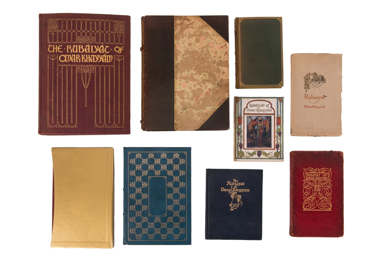 RUBAIYAT OF OMAR KHAYYAM (9 VOLUMES): Lot of 9 volumes related to The Rubaiyat of Omar Khayyam. Includes: "The Rubaiyat of Omar Khayyam" (London: Adam and Charles Black, 1909) translated by Edward Fitzgerald,illustrated by Gilbert James, 