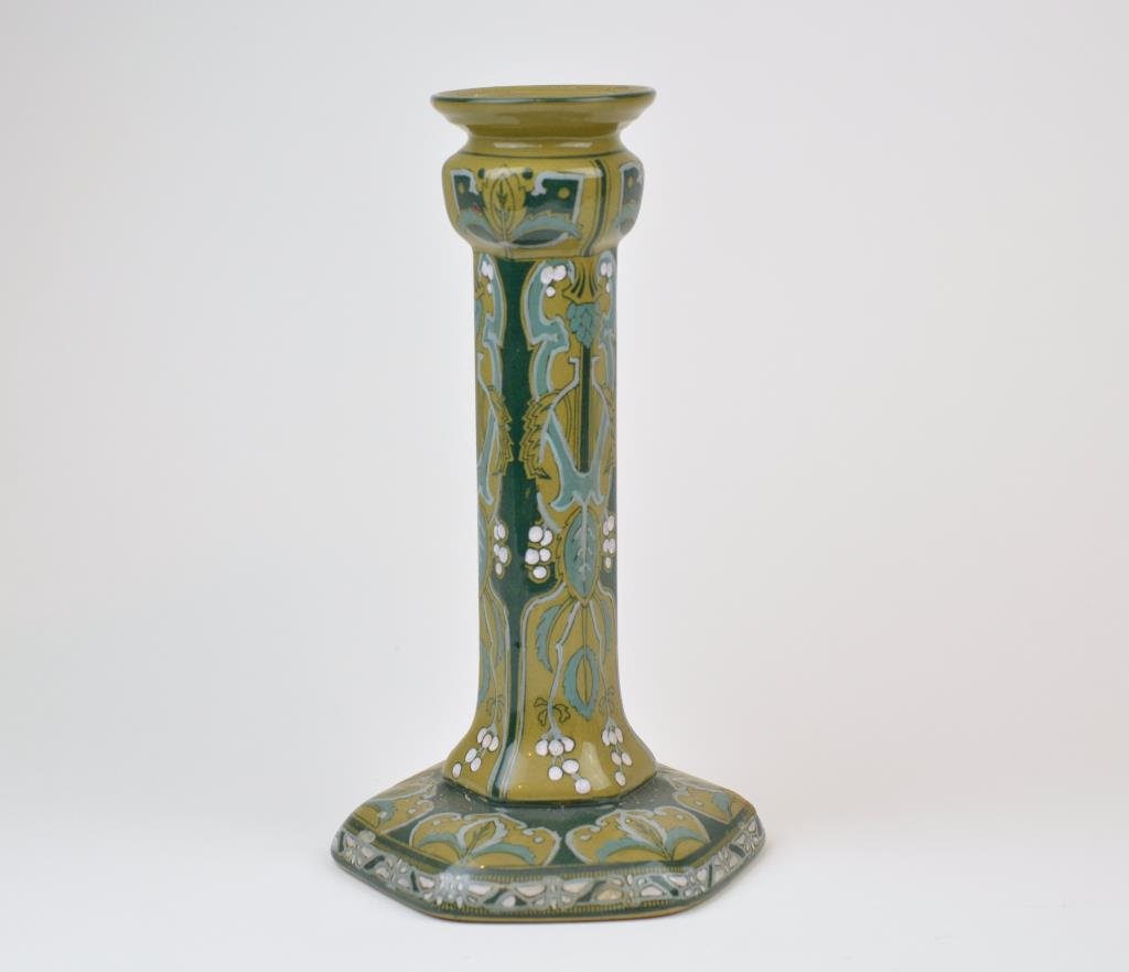 Buffalo Pottery Emerald Deldare Ware Candlestick: Dated 1911. H 23 cm. (9 in.)