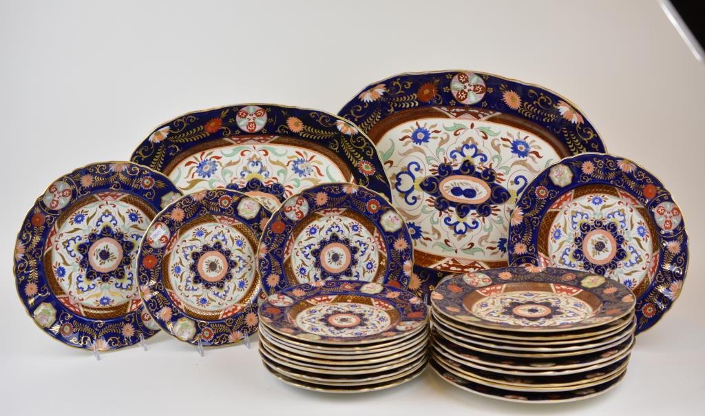 Lot of 19th Cen Ashworth Ironstone Dinnerware: Japan Style Pattern, including: 12 dinner plates, 12 luncheon plates, 2 graduated platters, circa 1860-80. Largest platter 44 cm. (17 1/4 in.)