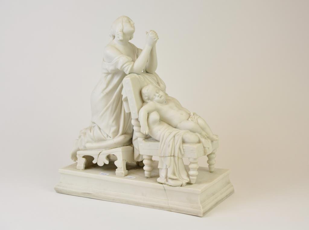 Minton Parian Porcelain Figural Group: Of a mother and sleeping child (condition), impressed artist signature and dated 1851. H 35.6 cm. (14 in.)