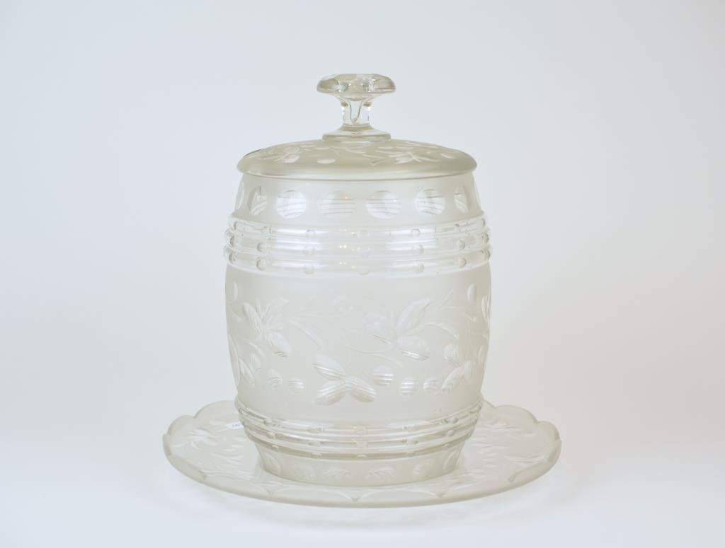 Victorian Glass Punch Barrel on Stand: Overall etched with floral motif and scalloped stand. H of barrel 30.5 cm. (12 in.)