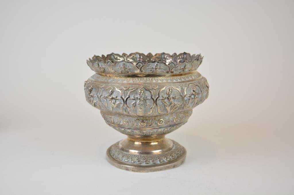 Large Cutch Colonial Indian Silver Rose Bowl: Flaring rim, body embossed with dancing divinities (Gandharva), presentation to base for Surgeon Colonel H.P. Dimmock. 478 g. H 15.2 cm. (6 in.) Diameter of body 7 1/4 inches