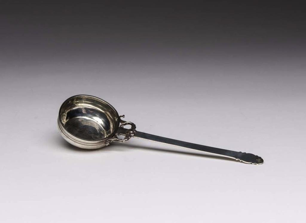 RARE ARMENIAN SILVER WINE OR BAPTISMAL LADLE: The spoon in in the Caucasian style with presentation script engraved on the back side, maker's hallmark on the back of the handle and bowl, first half of the 19th cen or earlier. 220 gr L 31.5 cm (12