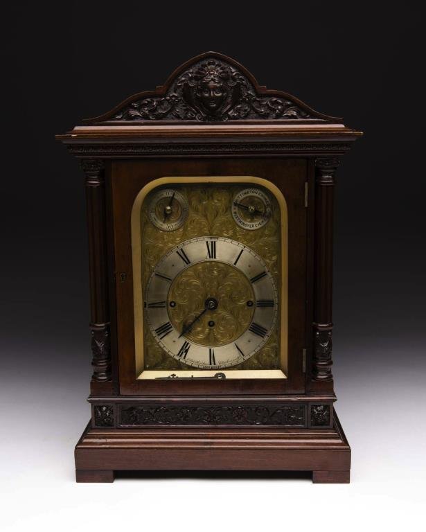 VICTORIAN MAHOGANY BRACKET CLOCK: Engraved gilt face with a silvered dial, black roman numerals. Fusee movement, eight bells and four gongs and one hour gong to chime Whittington and West Minster, James Smith & Sons, Clerkenwell, Lond