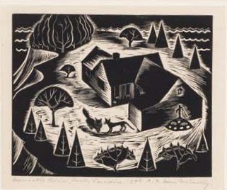 Doris McCarthy CSPWC OC OSA (Canadian 1910 - 2010): DOMESTIC BLISS, FOOL'S PARADISE Signed and dated lower right, 1948 Woodcut print on paper 4 x 5" Wynick/Tuck Gallery label verso"