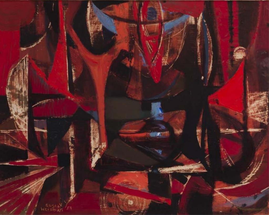 Gustav Oswald Weisman (Canadian 1926 - 2000): PILGRIMAGE Signed and dated lower left, 1954 Oil on board 15 3/4 x 20""