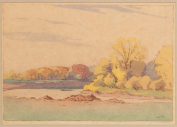 Walter Joseph Phillips RCA (Canadian 1884 - 1963): AUTUMN, ASSINIBOINE RIVER Signed and monogrammed lower right 94/250 6 3/4 x 10" Woodblock print on paper"