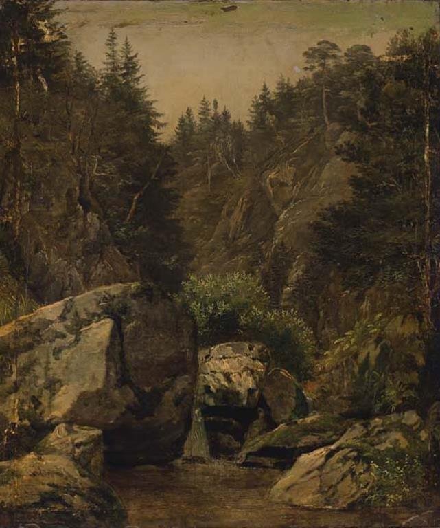 Alexandre Calame (Swiss 1810 - 1864): Untitled: Mountain stream Unsigned Oil on canvas 14 x 12""