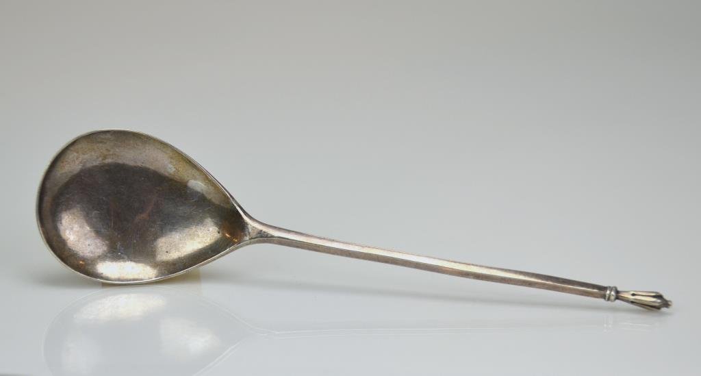 Post Roman Influenced Antique Silver Spoon, 27g: Squared handle and gothic terminal, pear shaped bowl. Spoon with tool marks and age, possibly Provincial or European. L 18.8 cm. (6 7/8 in.)