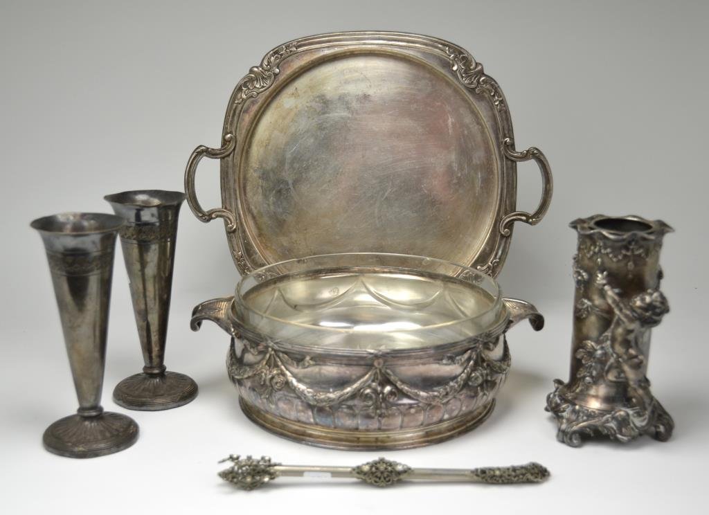 Lot of Assorted Silver Plate Items: Including a WMF vase, pair of Christofle bud vases, centrepiece with glass liner and tray. L of tray 35 cm. (13 3/4 in.) rim chips to glass liner.