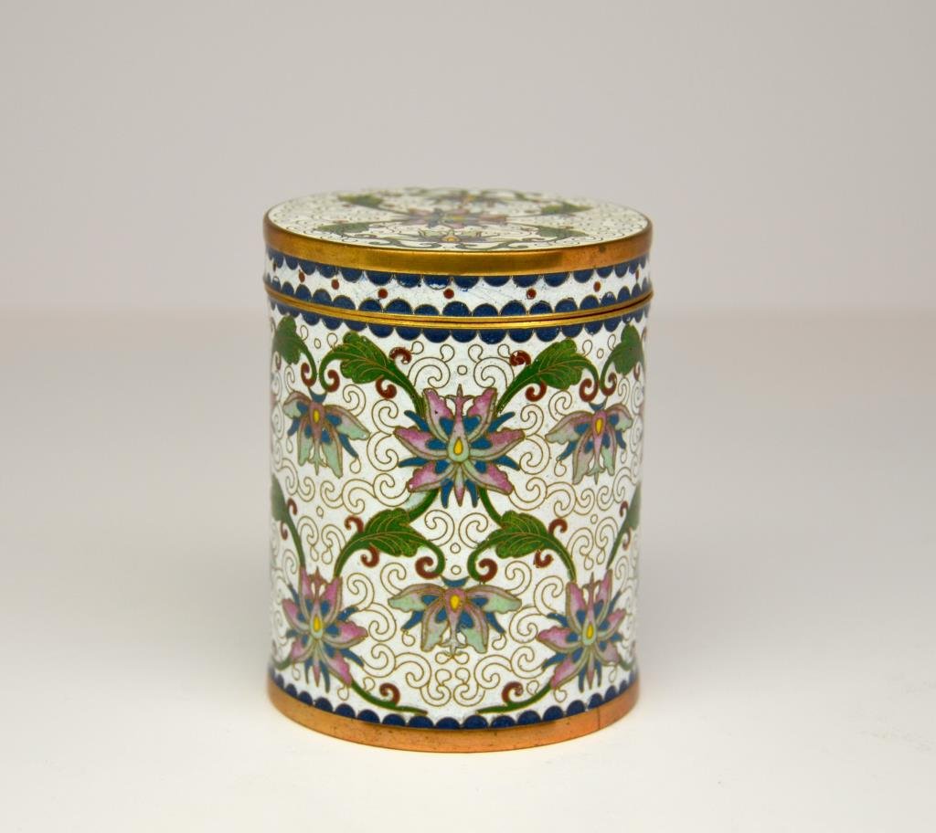 Chinese Cloisonne Covered Tea Caddy: White ground with stylized lotus and scrolling foliage. H. 10.5cm (4 1/8 in.) In good condition, very minor firing flaws to cover.