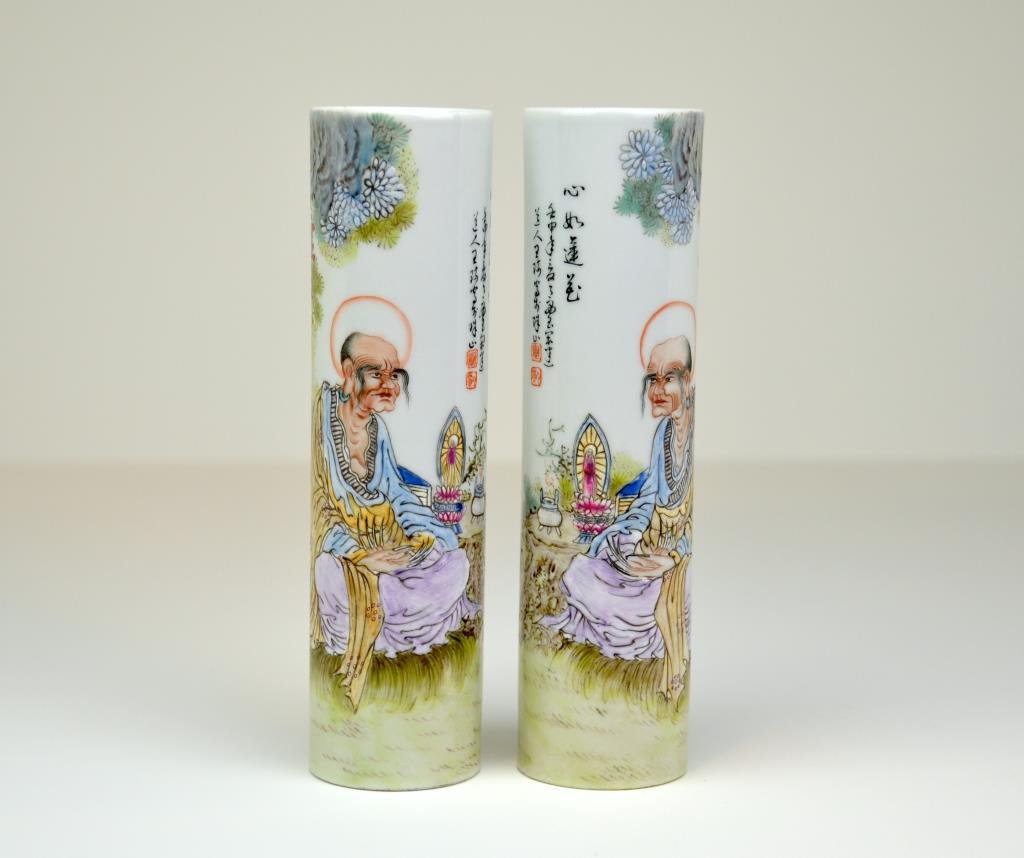 Pair Of Chinese Famille Rose Porcelain Vases: A luohan meditating under tree, signed as Wang Qi with two artist's seals, mark to base. H. 18.9cm (7.5 in.) In good condition, no chip or crack to both vases, very minor sign of wear to one vase's fo